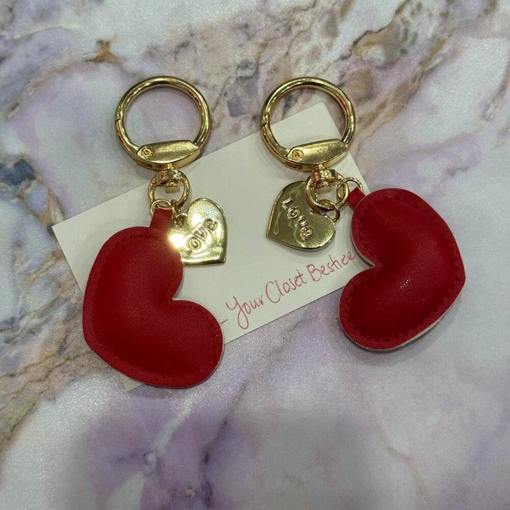 Red Leather Heart Keychain With Gold Hardware & LOVE on a metal heart - NEW - Picture 2 of 5